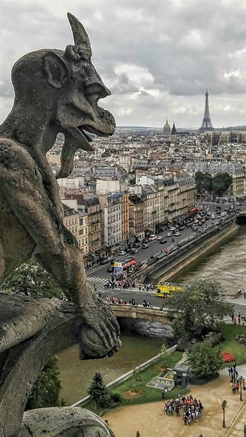 Nach dem Aufstieg über 402 Treppenstufen auf die Türme der Kathedrale von Notre-Dame in Paris, werden wir mit einer der schönsten Aussichten auf die Stadt Paris belohnt. Die schöne Aussicht auf den Eiffelturm geniessen auch andere Gestalten.